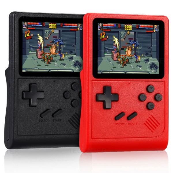 Front view of the black and red GB300 game consoles