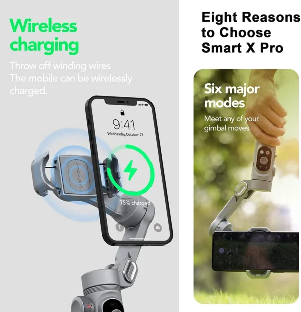 Gimbal wirelessly charging a smartphone and showcasing its six mode capabilities.