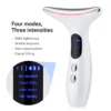 White beauty device with a digital display detailing its four modes and three intensity levels for skin therapy.