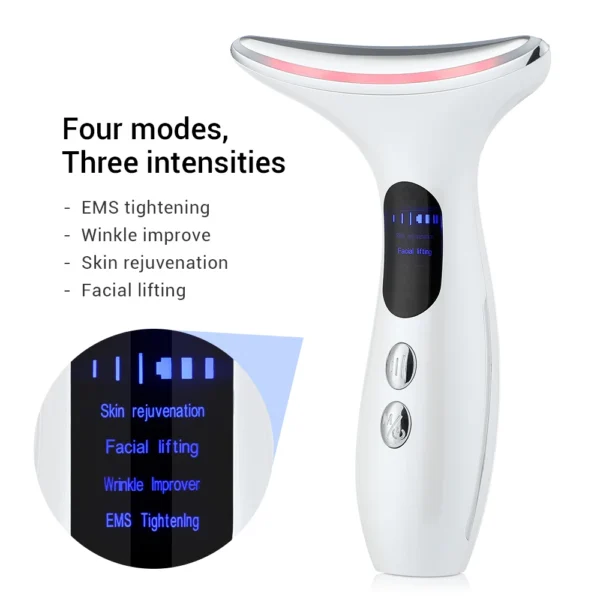 White beauty device with a digital display detailing its four modes and three intensity levels for skin therapy.