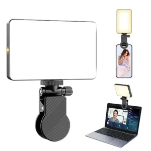 Multifunctional LED light clip attached to a laptop, phone, and tablet.