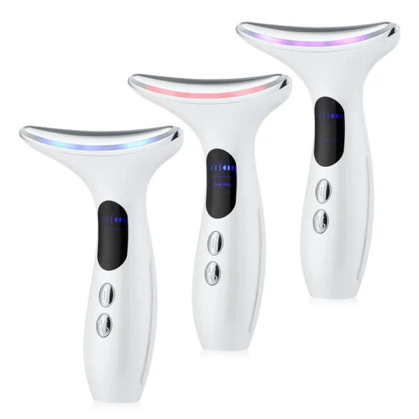 Three angles of a sleek white facial and neck beauty device with LED lights and digital display illuminated.