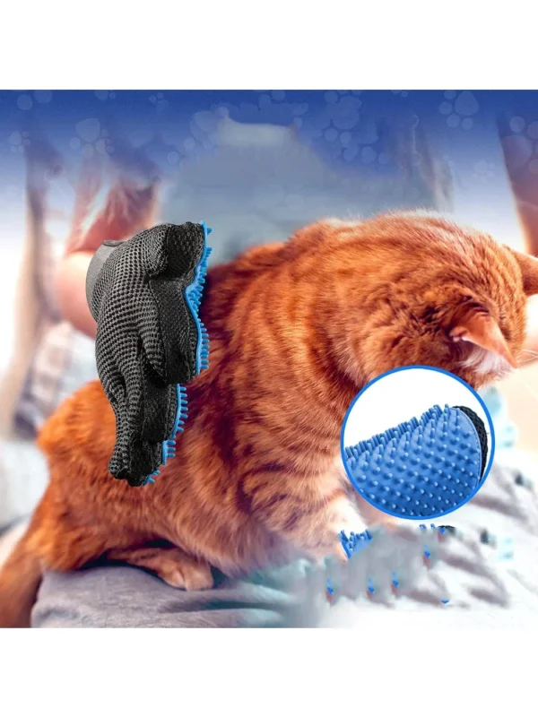 Black and blue grooming glove being used on an orange cat.