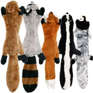 A line-up of long, plush dog toys in various animal designs against a white background.