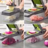 Various slicing options demonstrated with chopped vegetables.