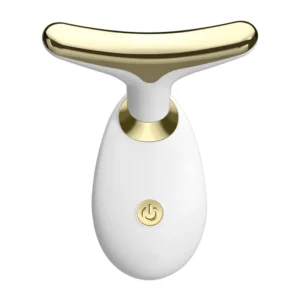 Image of a sleek, ergonomic neck massager device in white and gold.