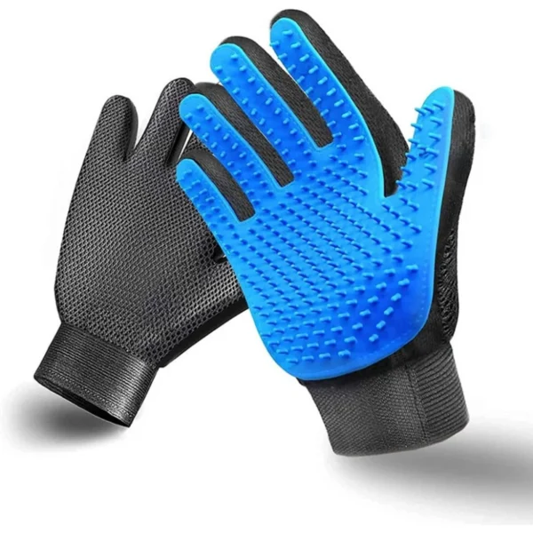 Blue and black grooming glove on a human hand showing flexibility.