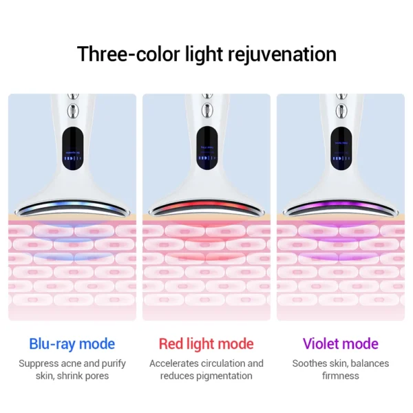 White beauty device demonstrating three-color light therapy with blue, red, and violet modes for skin rejuvenation.