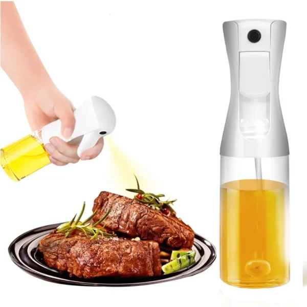 Hand spraying oil onto grilled steaks with a clear and white oil sprayer.