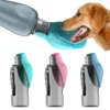 A Golden Retriever drinking from a spill-proof blue HydroPup Flask with a variety of colors shown below.