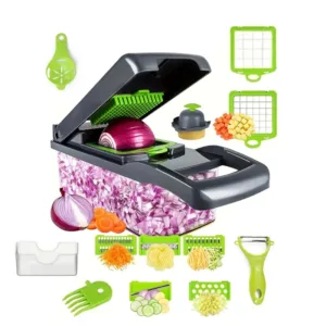 Multifunctional vegetable chopper with diced onions.