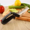 Scissors slicing vegetables on a wooden board.