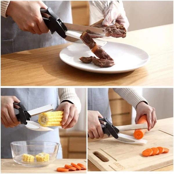 Scissors being used to cut cooked meat on a plate.