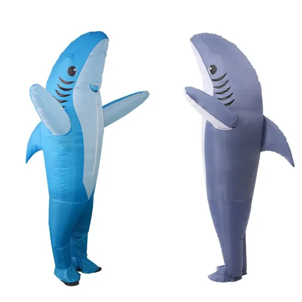 Blue and gray inflatable shark costumes standing side by side, viewed from the front.