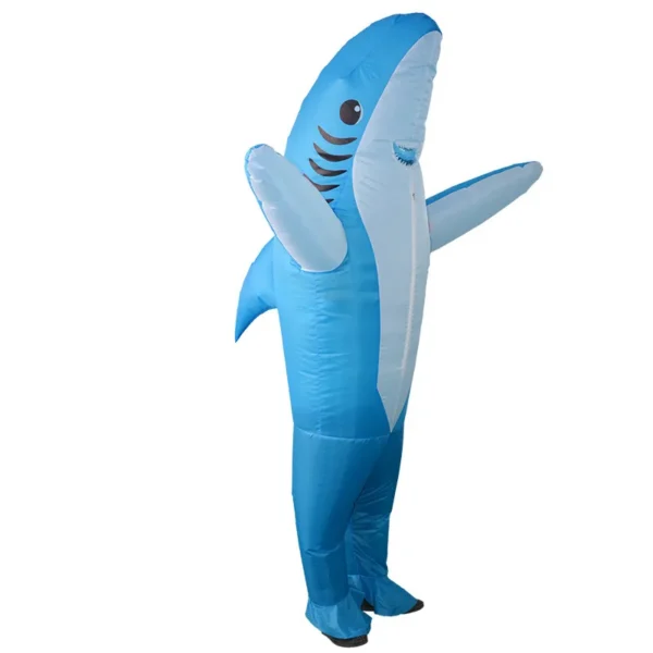 Side view of blue inflatable shark costume standing upright.