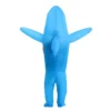 Back view of blue inflatable shark costume showing zipper and fin details.